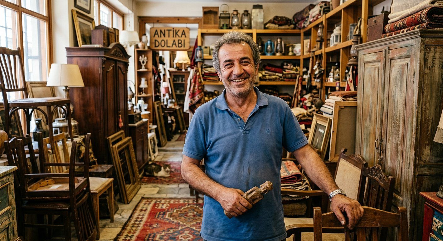 İkinci el mobilya mağazasında güler yüzlü çalışan