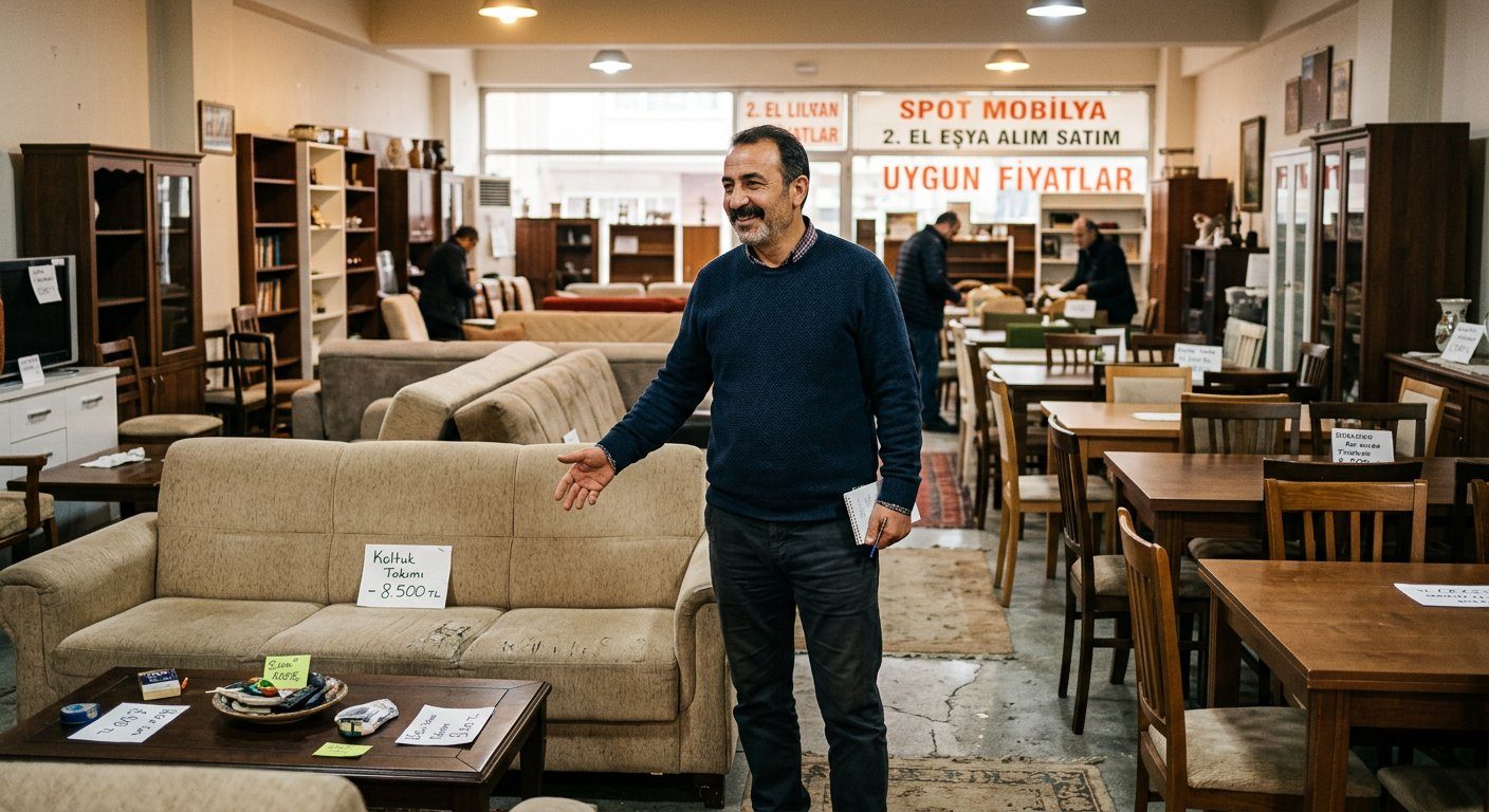 İkinci el mobilya bölümünde ürün hakkında bilgi veren çalışan