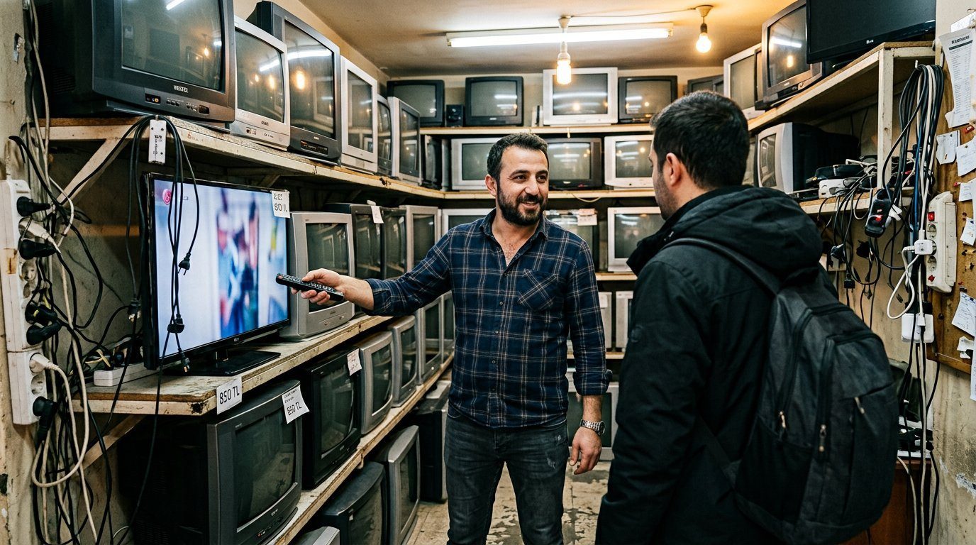 Televizyon ekranını inceleyen kişiler