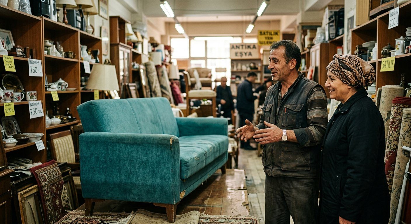 Spot eşya mağazasında koltuk hakkında bilgi veren satıcı
