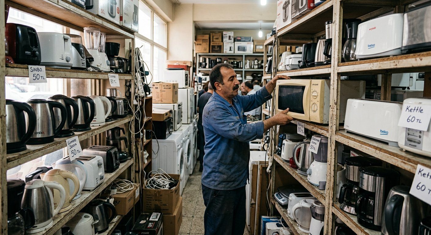 Küçük mutfak cihazlarının bulunduğu raf